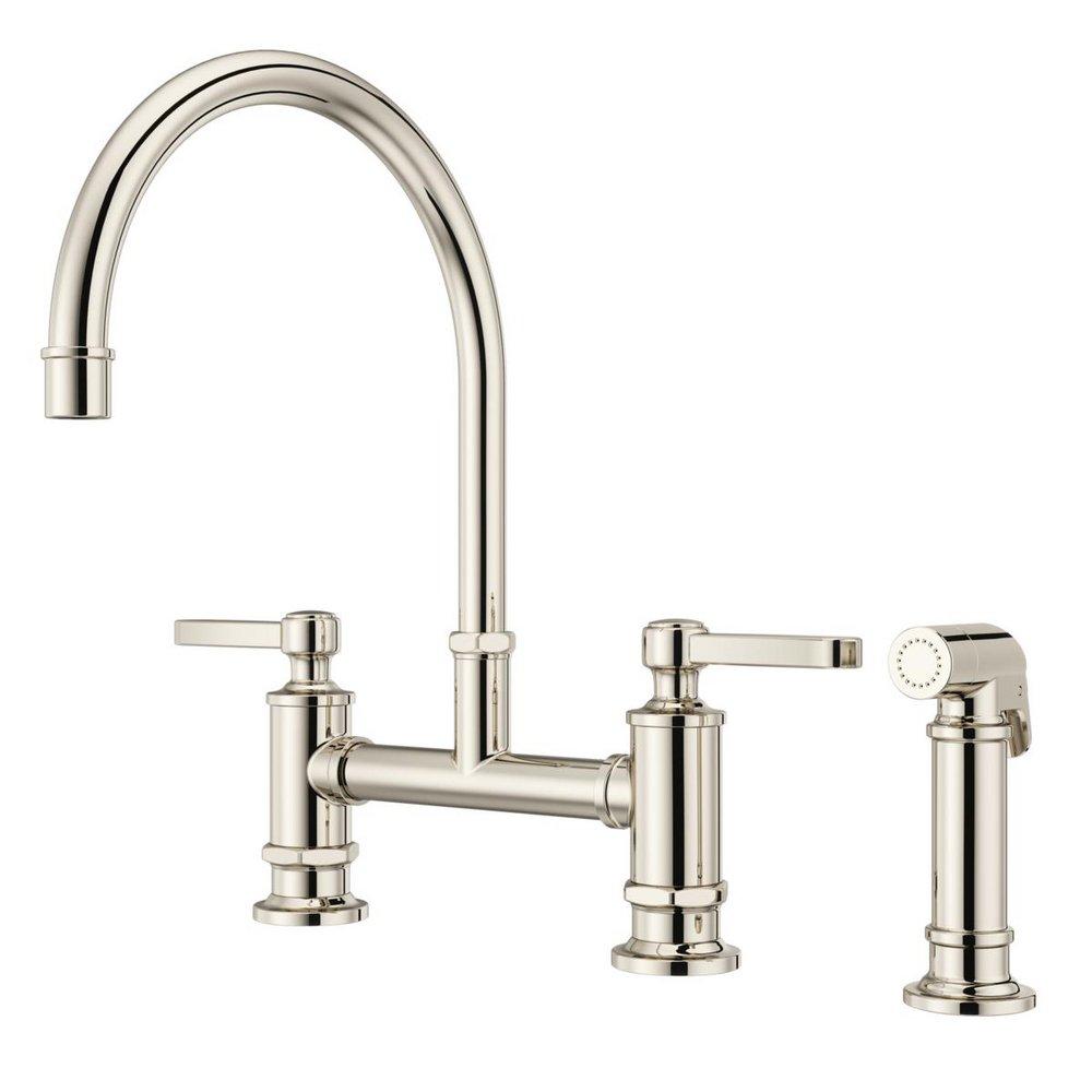Pfister Port Haven™ Two Handle Bridge Kitchen Faucet with Side Spray in Polished Nickel