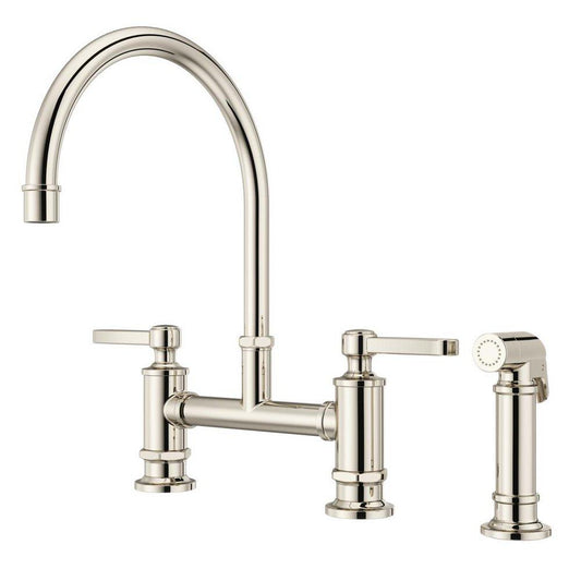 Pfister Port Haven™ Two Handle Bridge Kitchen Faucet with Side Spray in Polished Nickel