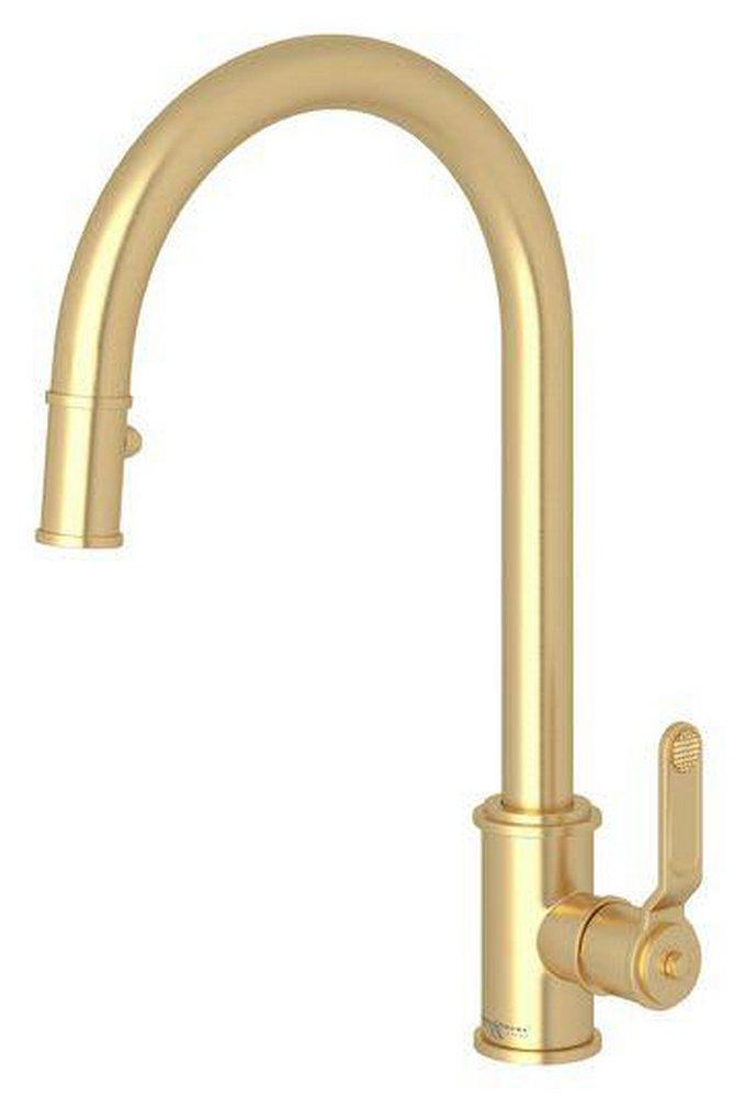 Perrin & Rowe Armstrong™ Single Handle Pull Down Kitchen Faucet in Satin English Gold