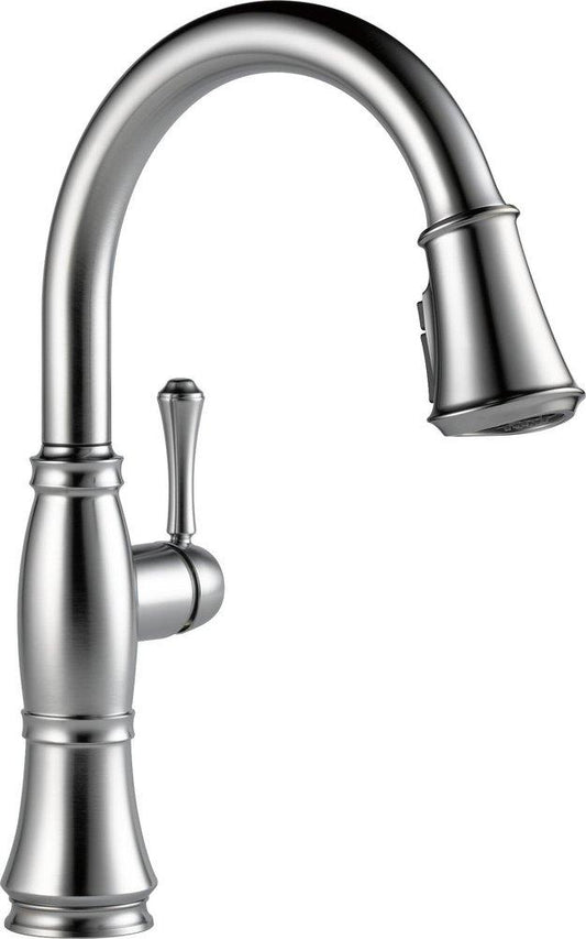 Delta Faucet Cassidy™ Single Handle Pull Down Kitchen Faucet in Lumicoat® Arctic Stainless