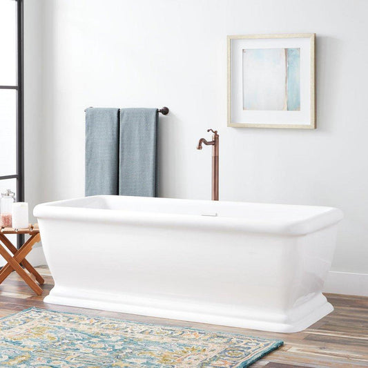 Signature Hardware Serafini 68 in. Freestanding Bathtub with Off-Centered Rear Drain in White and White Trim