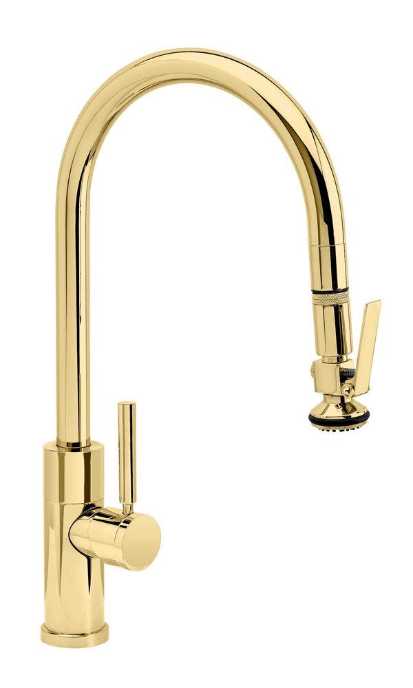 Waterstone Modern Single Handle Pull Down Kitchen Faucet in Unlacquered Polished Brass