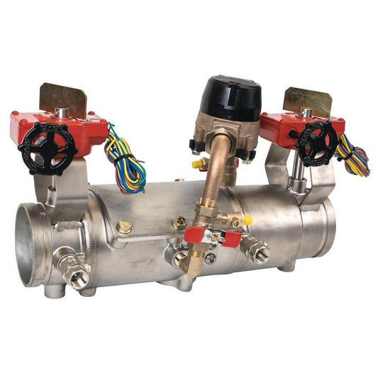 Ames Fire & Waterworks Deringer 30/30G 4 in 304 Stainless Steel Grooved Double Check Detector Assembly with Shutoff Valves, Water Meter, Test Cocks