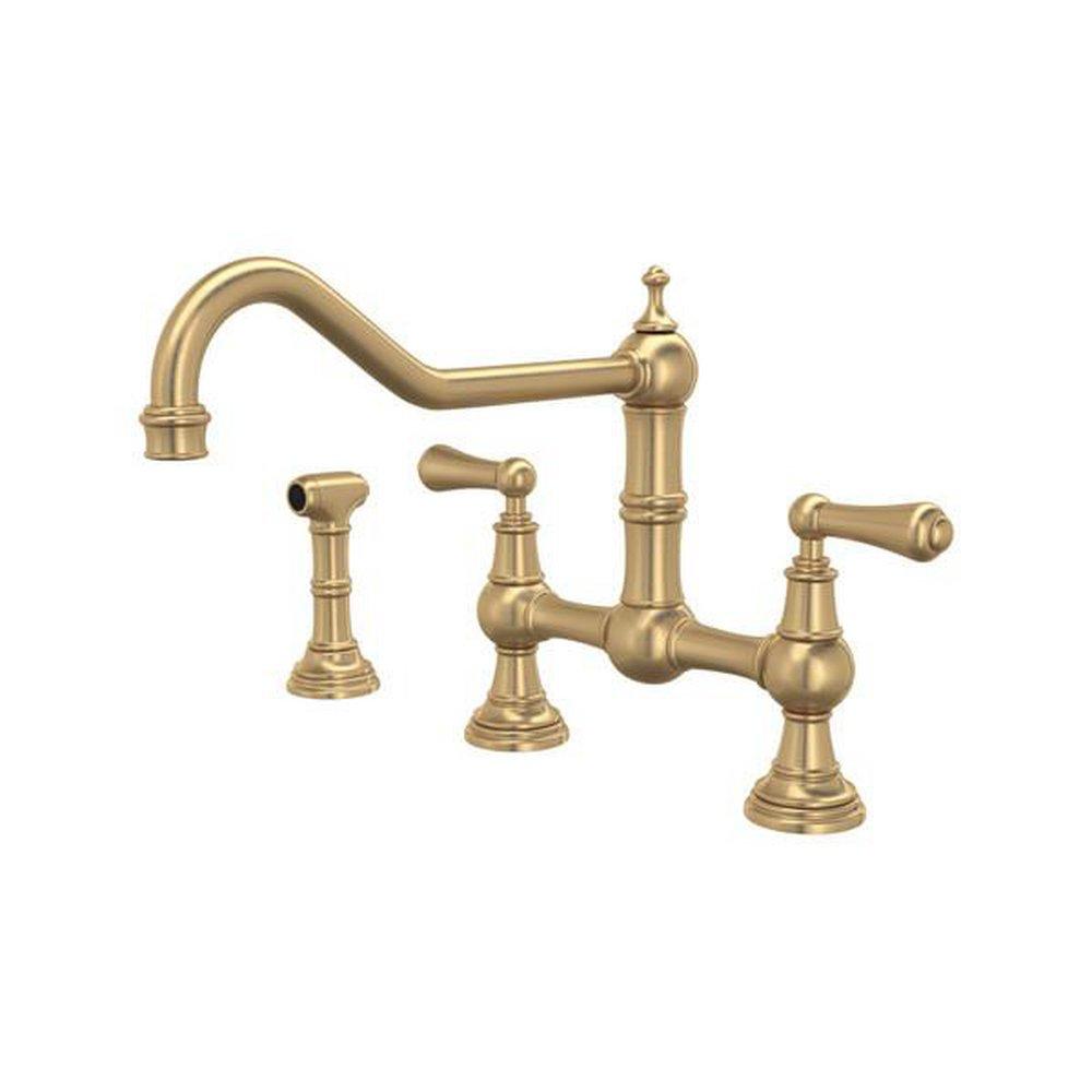 Perrin & Rowe® Edwardian™ Two Handle Bridge Kitchen Faucet with Side Spray in Satin English Gold