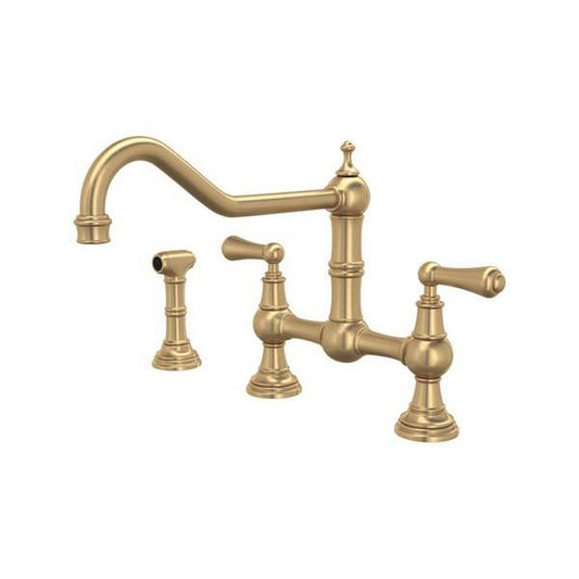 Perrin & Rowe® Edwardian™ Two Handle Bridge Kitchen Faucet with Side Spray in Satin English Gold