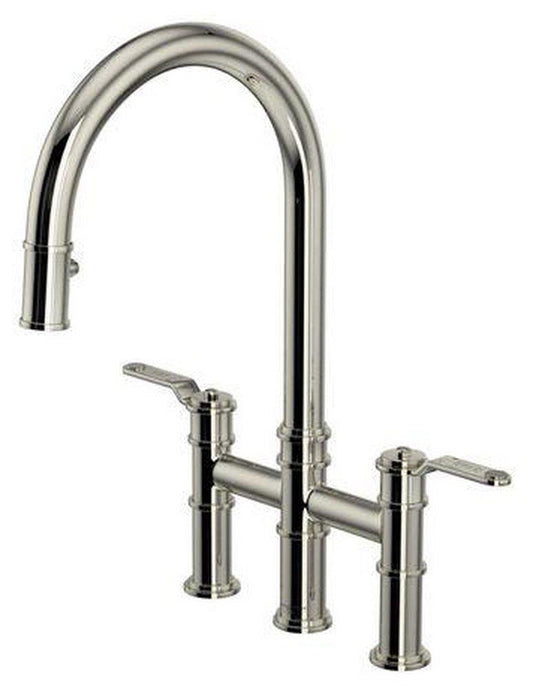 Perrin & Rowe Armstrong™ Two Handle Bridge Pull Down Kitchen Faucet in Polished Nickel