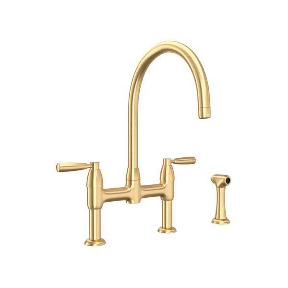 Perrin & Rowe Holborn™ Two Handle Bridge Kitchen Faucet with Side Spray in Satin English Gold