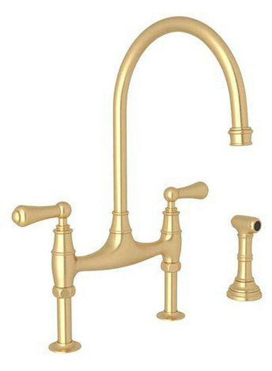 Perrin & Rowe® Country Bath Two Handle Bridge Kitchen Faucet with Side Spray in Satin English Gold