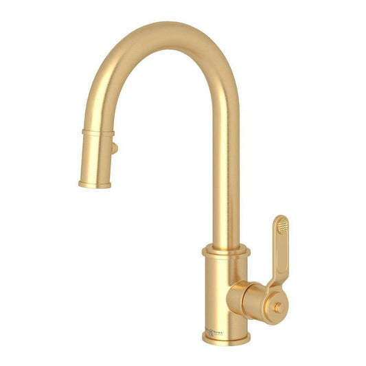 Perrin & Rowe Armstrong™ Single Handle Pull Down Bar Faucet in Satin English Gold