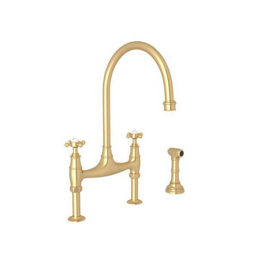 Perrin & Rowe® Georgian Era™ Two Handle Bridge Kitchen Faucet with Side Spray in Satin English Gold