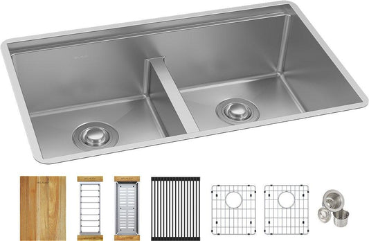 Elkay Crosstown® 31-1/2 in. Dual Mount Stainless Steel Double Bowl Workstation Kitchen Sink in Polished Satin
