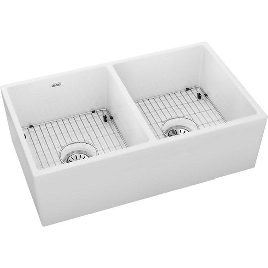 Elkay Fireclay 33 in. Farmhouse Fireclay Double Bowl Kitchen Sink in White