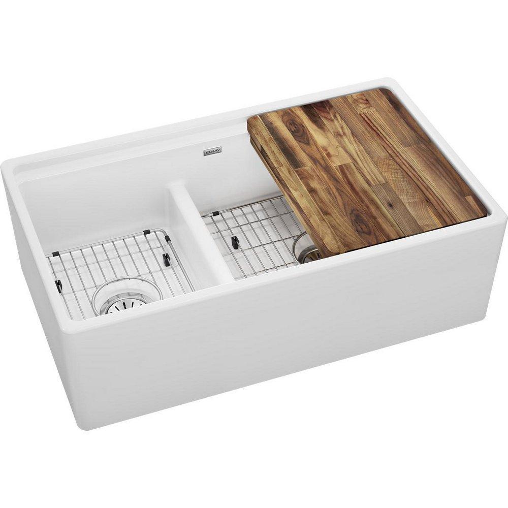 33 in. Farmhouse Fireclay Double Bowl Workstation Kitchen Sink in White