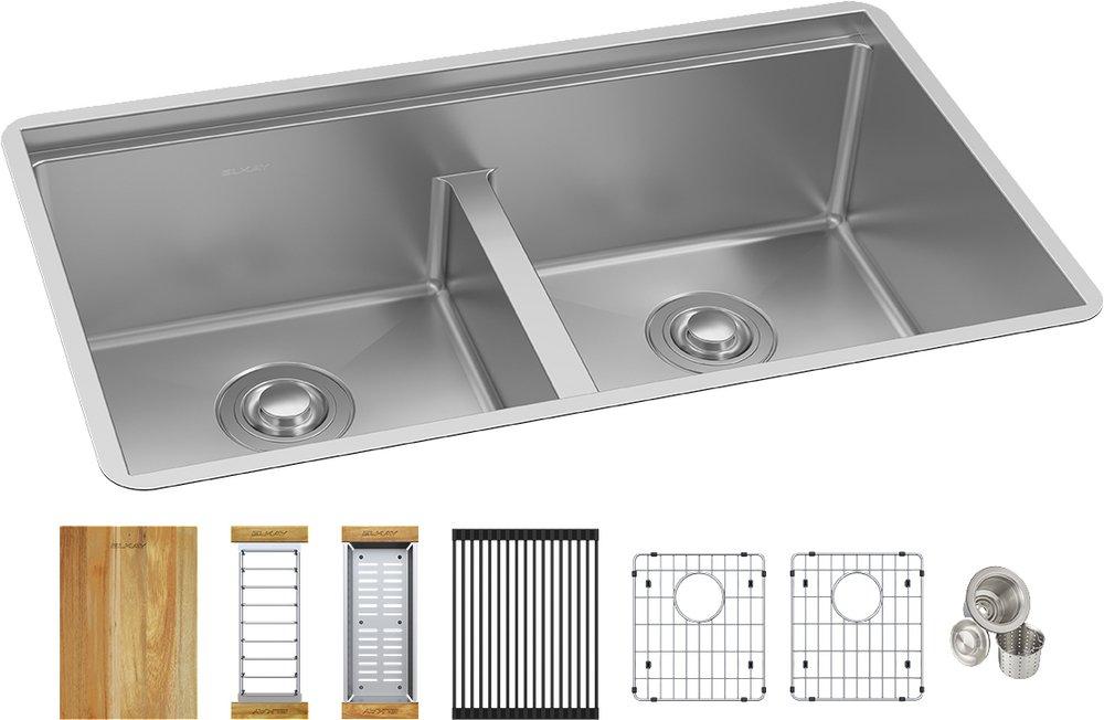 Elkay Crosstown® 31-1/2 in. Undermount Stainless Steel Double Bowl Workstation Kitchen Sink in Polished Satin