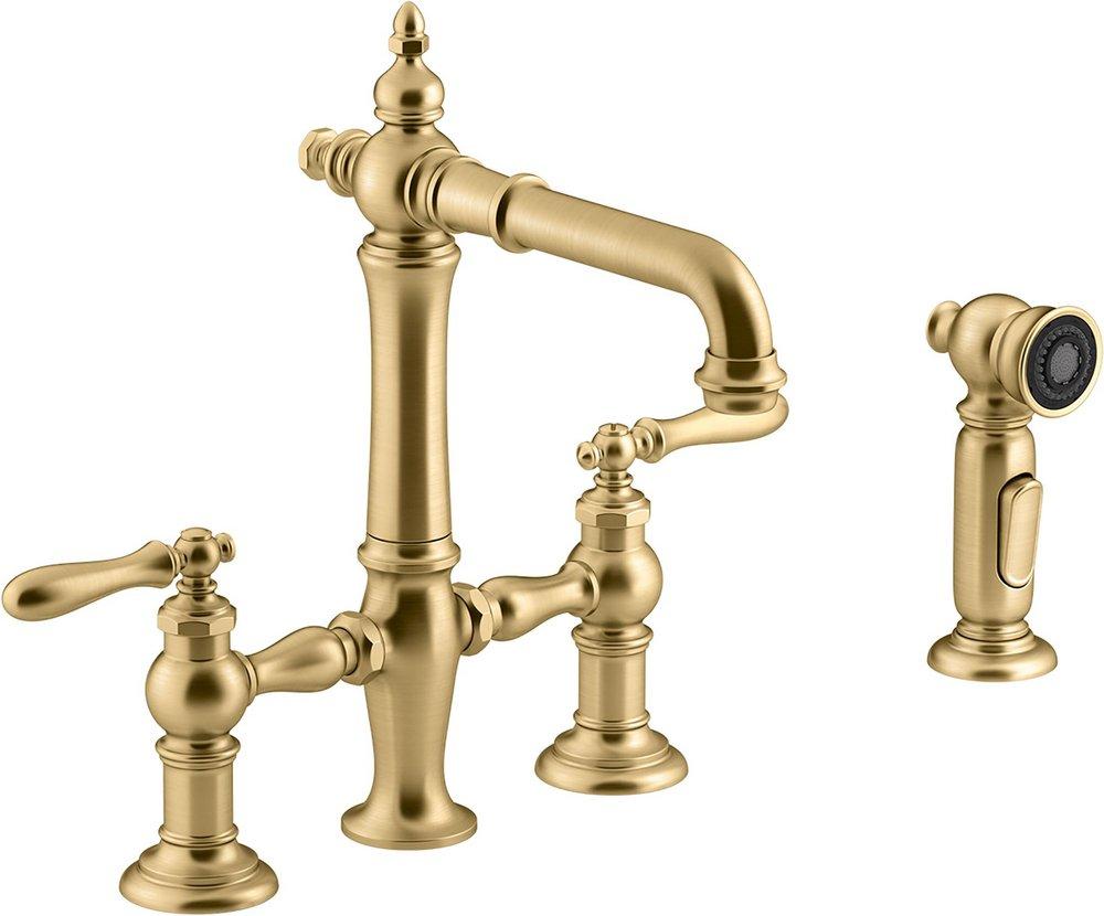 KOHLER Artifacts® Two Handle Bridge Kitchen Faucet with Side Spray in Vibrant® Brushed Moderne Brass