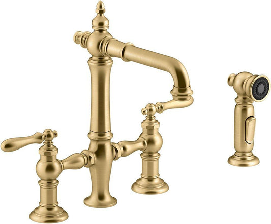 KOHLER Artifacts® Two Handle Bridge Kitchen Faucet with Side Spray in Vibrant® Brushed Moderne Brass