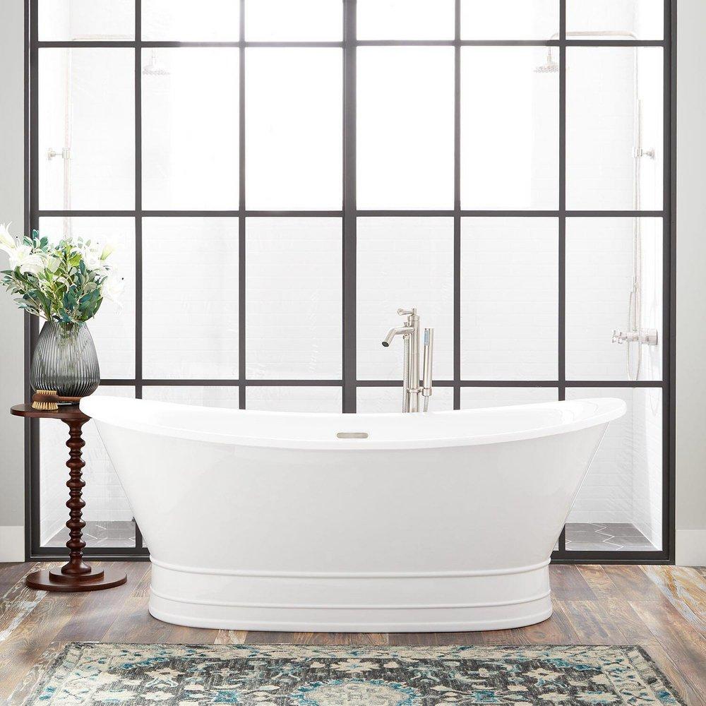 Signature Hardware Desborough 69 x 31-1/8 in. Freestanding Bathtub with Center Drain in White and Foam Insulated Trim