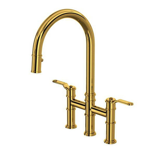 Perrin & Rowe® Armstrong™ Two Handle Bridge Pull Down Kitchen Faucet in Unlacquered Brass