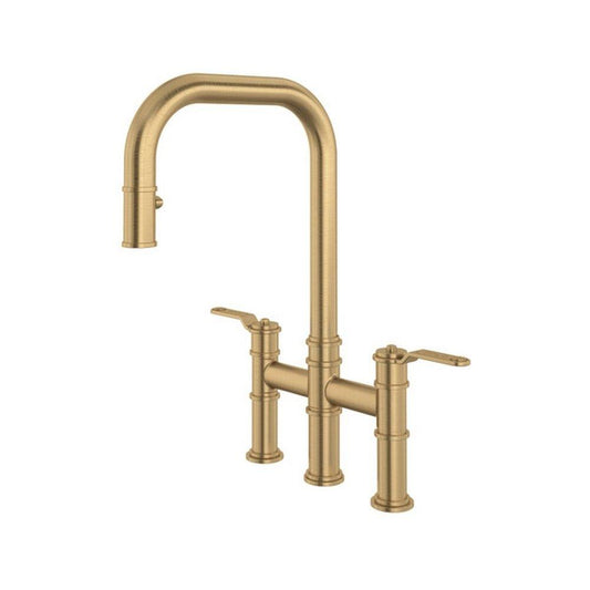 Perrin & Rowe Armstrong™ Two Handle Bridge Pull Down Kitchen Faucet in Satin English Gold