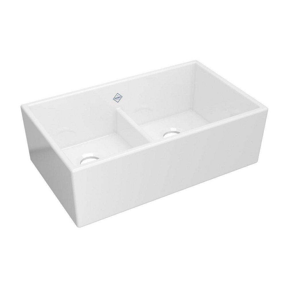 Shaws® Shaker 33 in. Farmhouse Fireclay Double Bowl Kitchen Sink in White