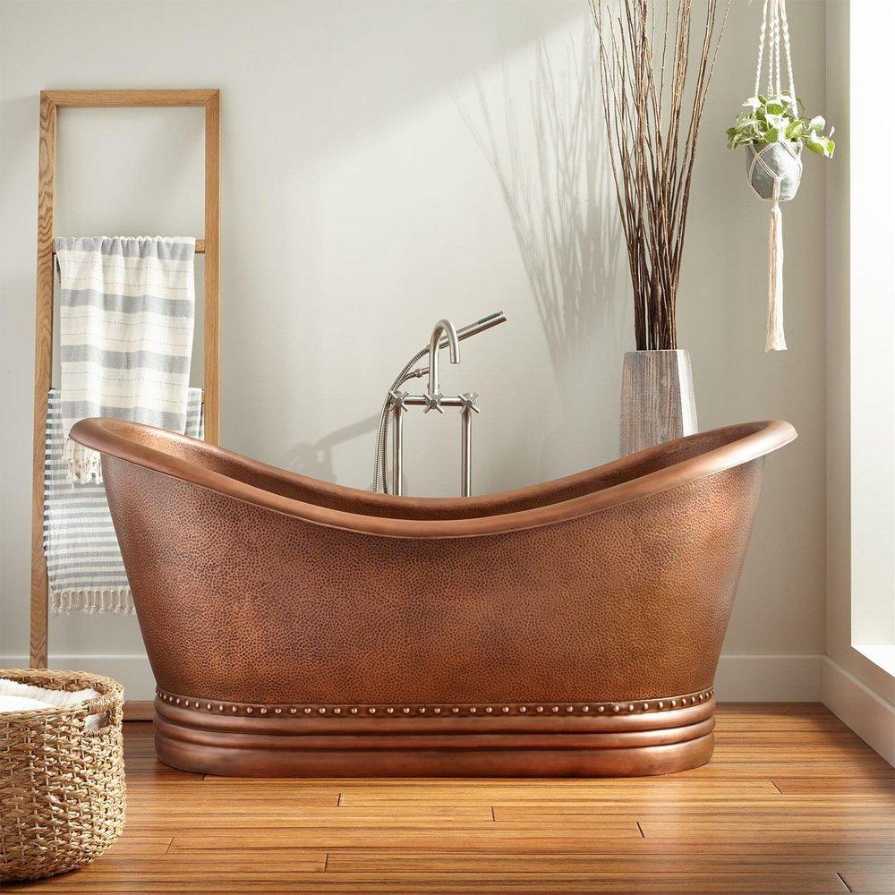 Signature Hardware Paige 66 x 32 in. Freestanding Bathtub with Center Drain in Copper and Black Drain Kit