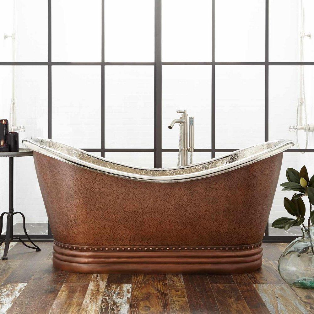 Signature Hardware Paige 66 x 31 in. Freestanding Bathtub with Center Drain in Antique Copper Patina
