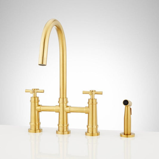 Signature Hardware Ailey Two Handle Bridge Kitchen Faucet with Side Spray in Brushed Gold