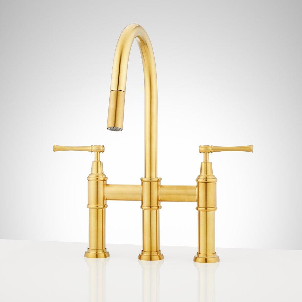 Signature Hardware Hurston Two Handle Bridge Pull Down Kitchen Faucet in Brushed Gold