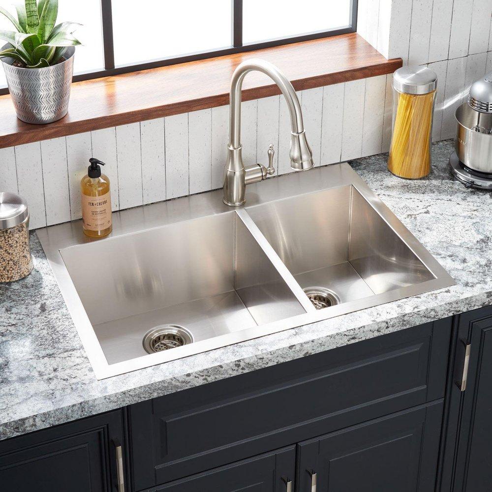 Signature Hardware Sitka 33 in. Dual Mount Stainless Steel Double Bowl Kitchen Sink