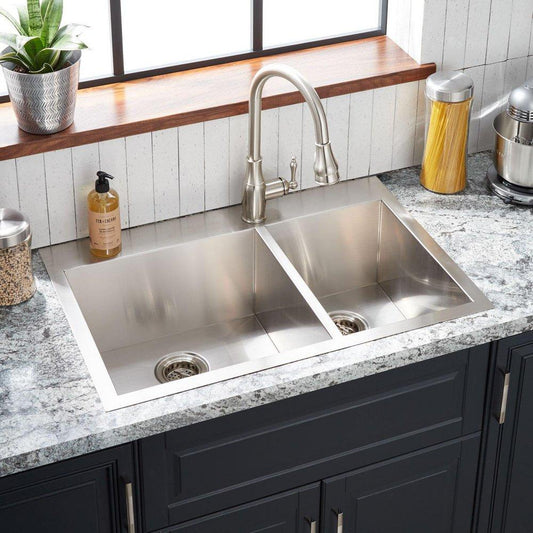 Signature Hardware Sitka 33 in. Dual Mount Stainless Steel Double Bowl Kitchen Sink