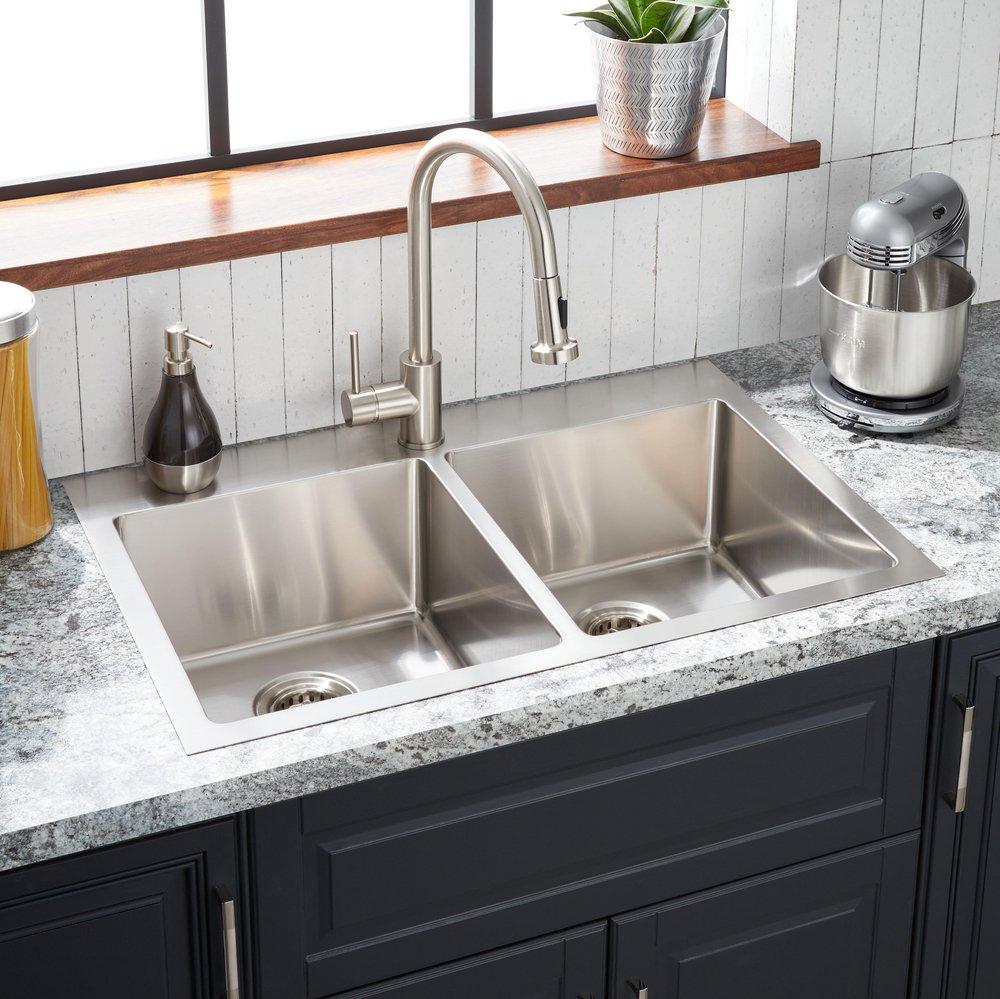 Signature Hardware Ortega 33 in. Dual Mount Stainless Steel Double Bowl Kitchen Sink