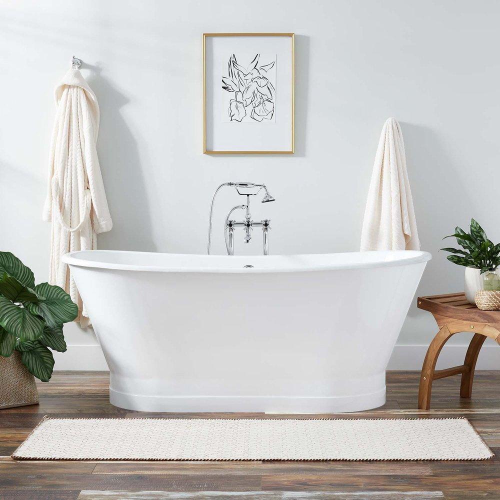 Signature Hardware Kateryn 67 in. Bateau Cast Iron Skirted Freestanding Bathtub in White with Black Daisy Wheel