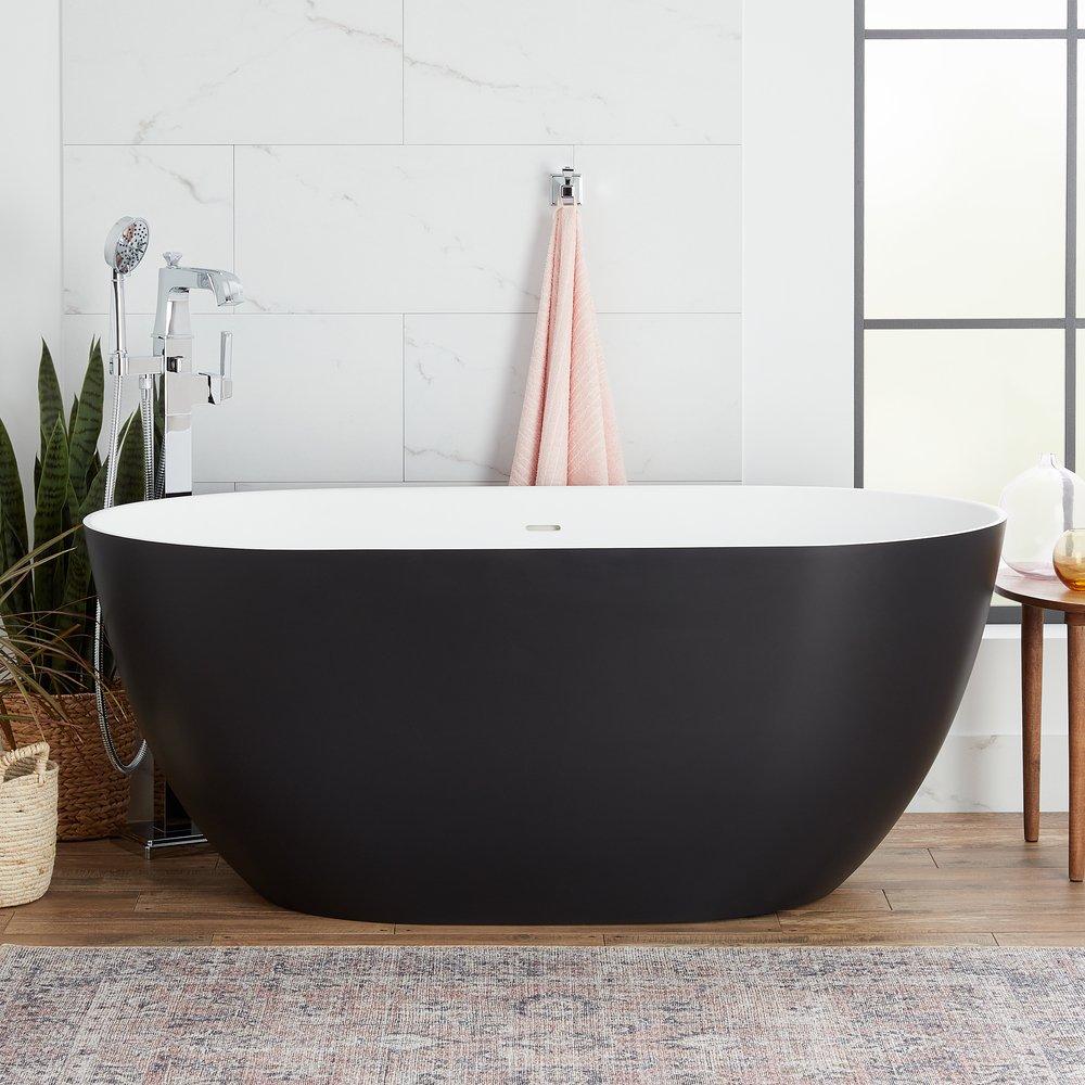 Signature Hardware Catino 66 x 32 in. Freestanding Bathtub with Center Drain in Matte Black and White Interior