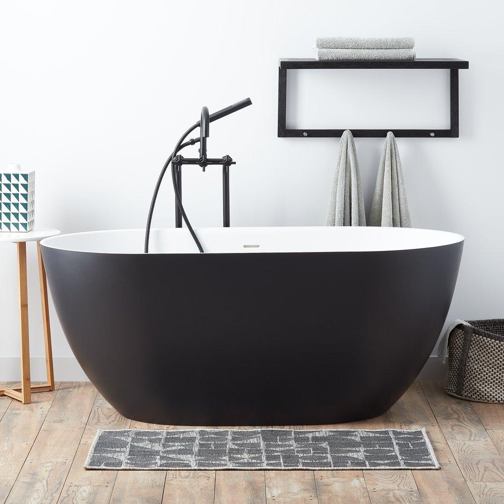 Signature Hardware Catino 58-3/4 x 29-1/8 in. Freestanding Bathtub with Center Drain in Matte Black and White Interior