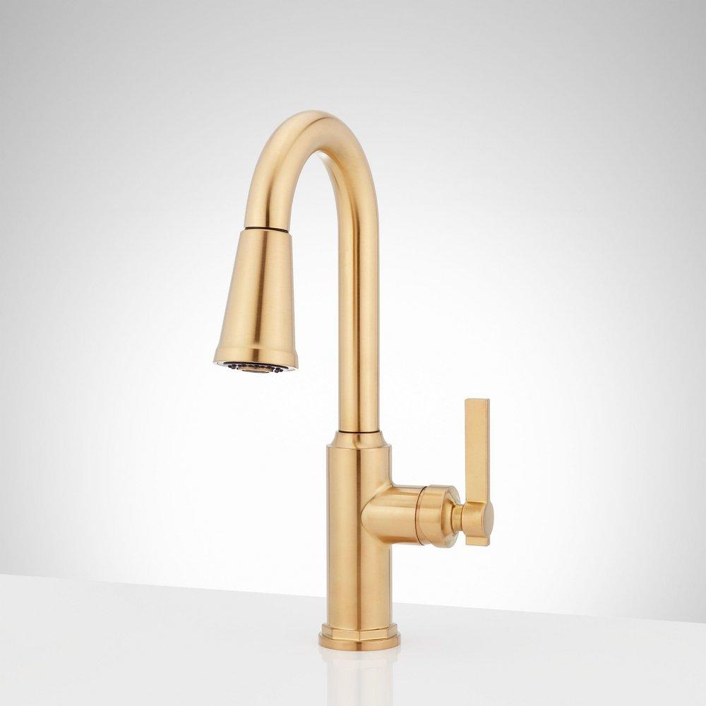 Signature Hardware Greyfield Single Handle Pull Down Bar Faucet in Brushed Gold