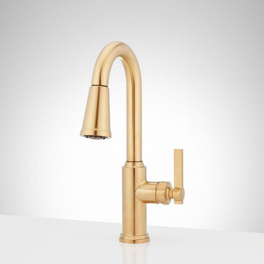 Signature Hardware Greyfield Single Handle Pull Down Bar Faucet in Brushed Gold