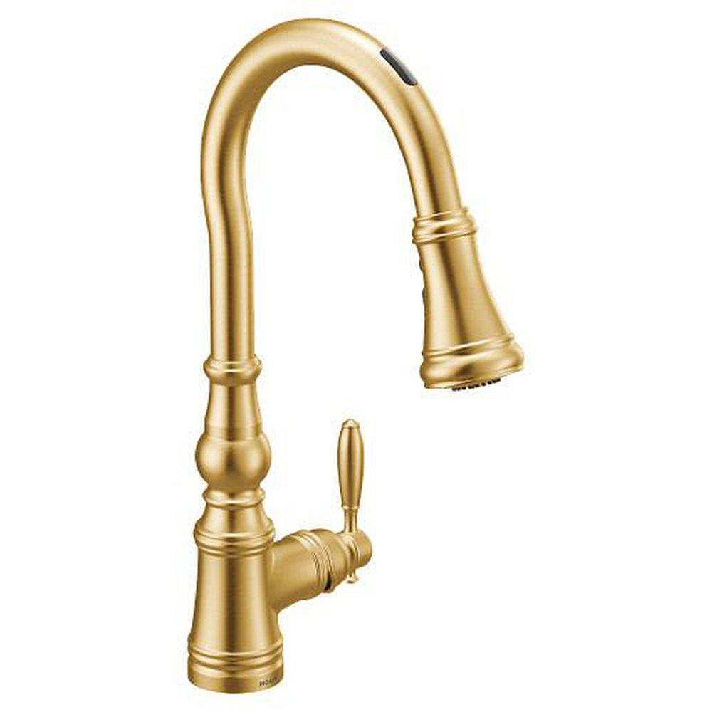 Moen Weymouth™ Single Handle Pull Down Touchless Kitchen Faucet with Voice Activation in Brushed Gold