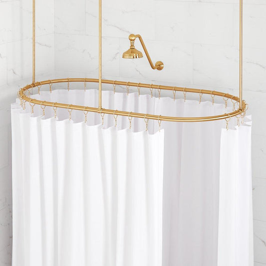 30 x 60 in. Oval Brass Shower Rod with Curtain Rings and Ceiling Supports in Brushed Gold