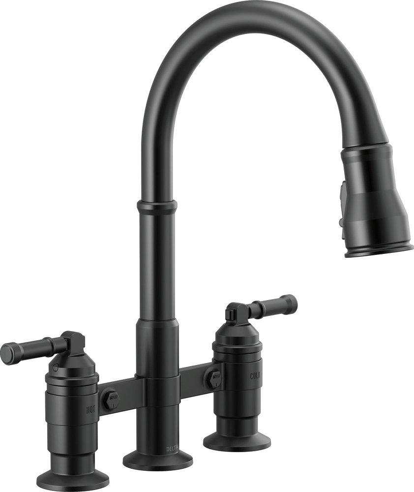 Delta Faucet Broderick™ Two Handle Bridge Pull Down Kitchen Faucet in Matte Black