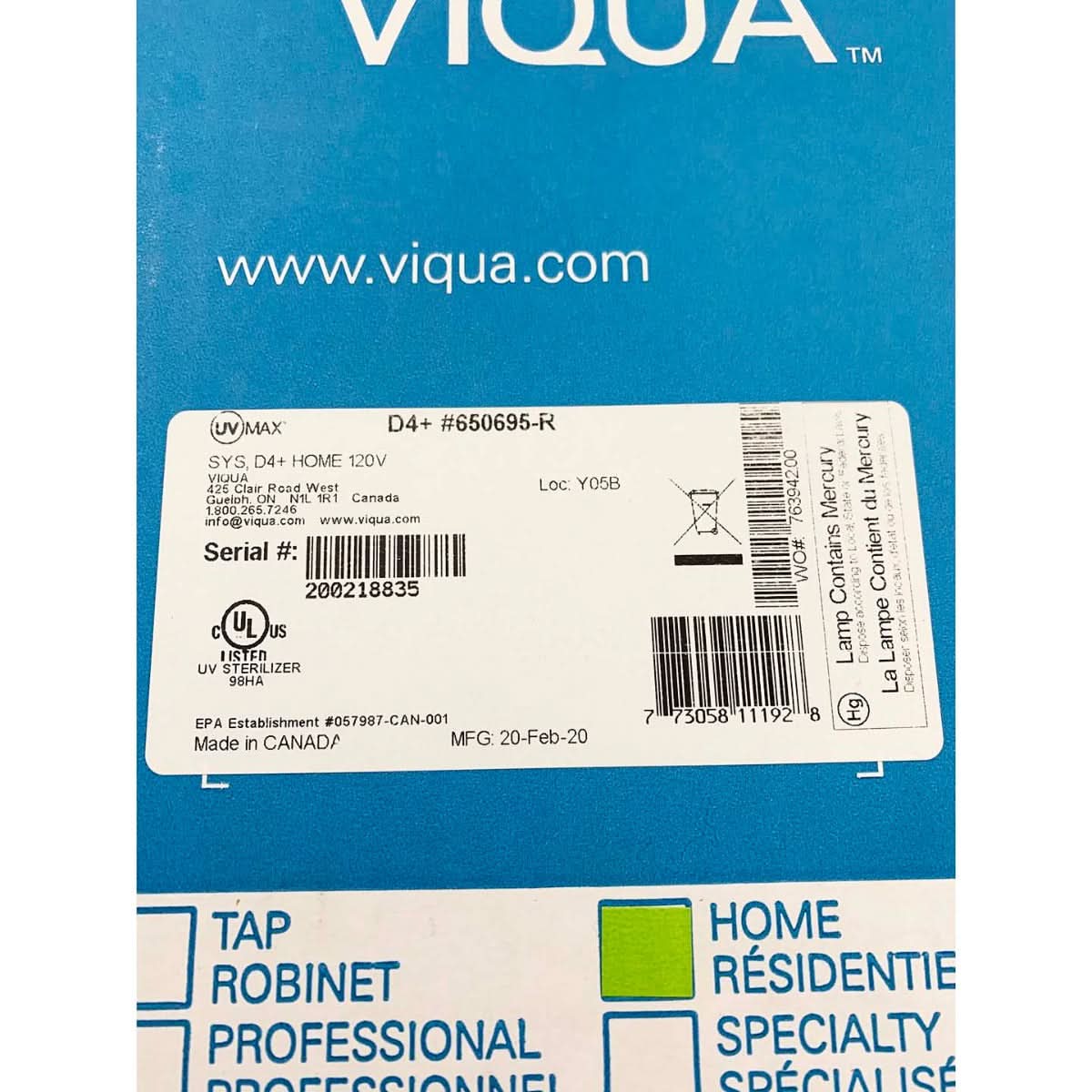 650695-R D4+ Home Plus UltraViolet Water Disinfection System by Viqua