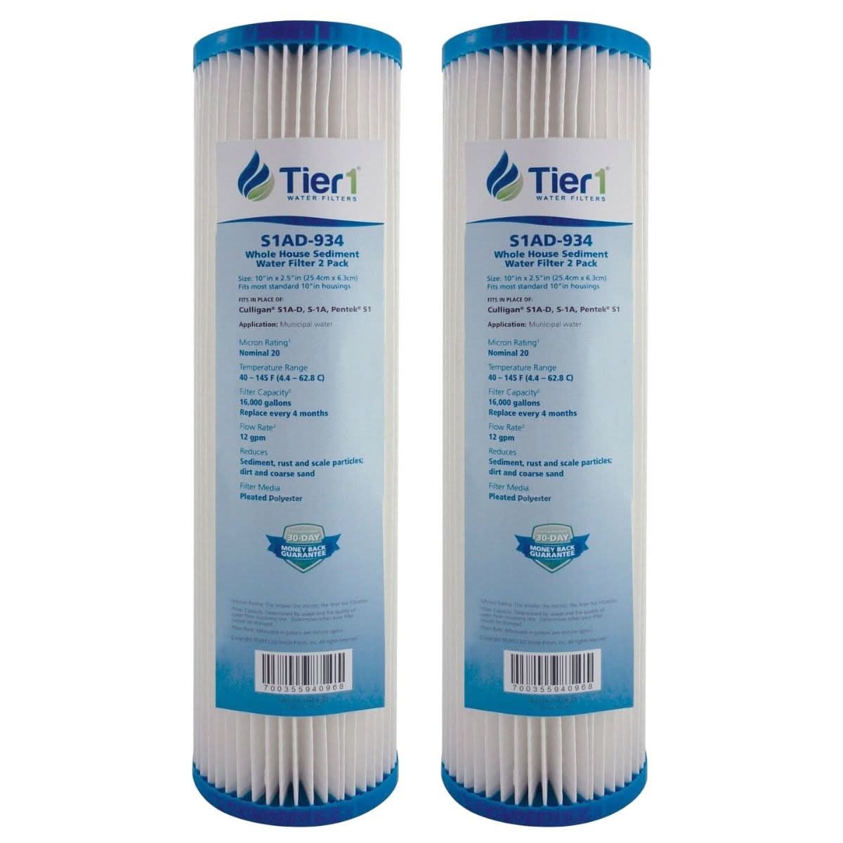 Tier1 10" x 2.5" Pleated Cellulose Filter (20 Micron, 2-Pack)