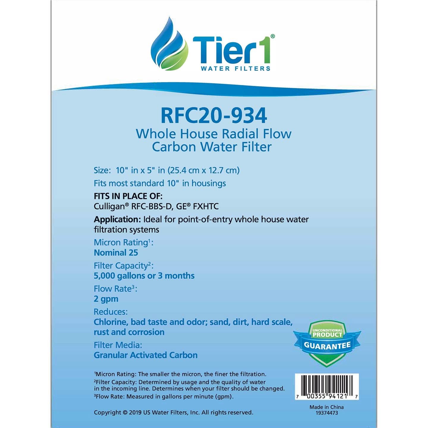 Tier1 10" x 4.5" Granular Activated Carbon Filter, 25 Micron