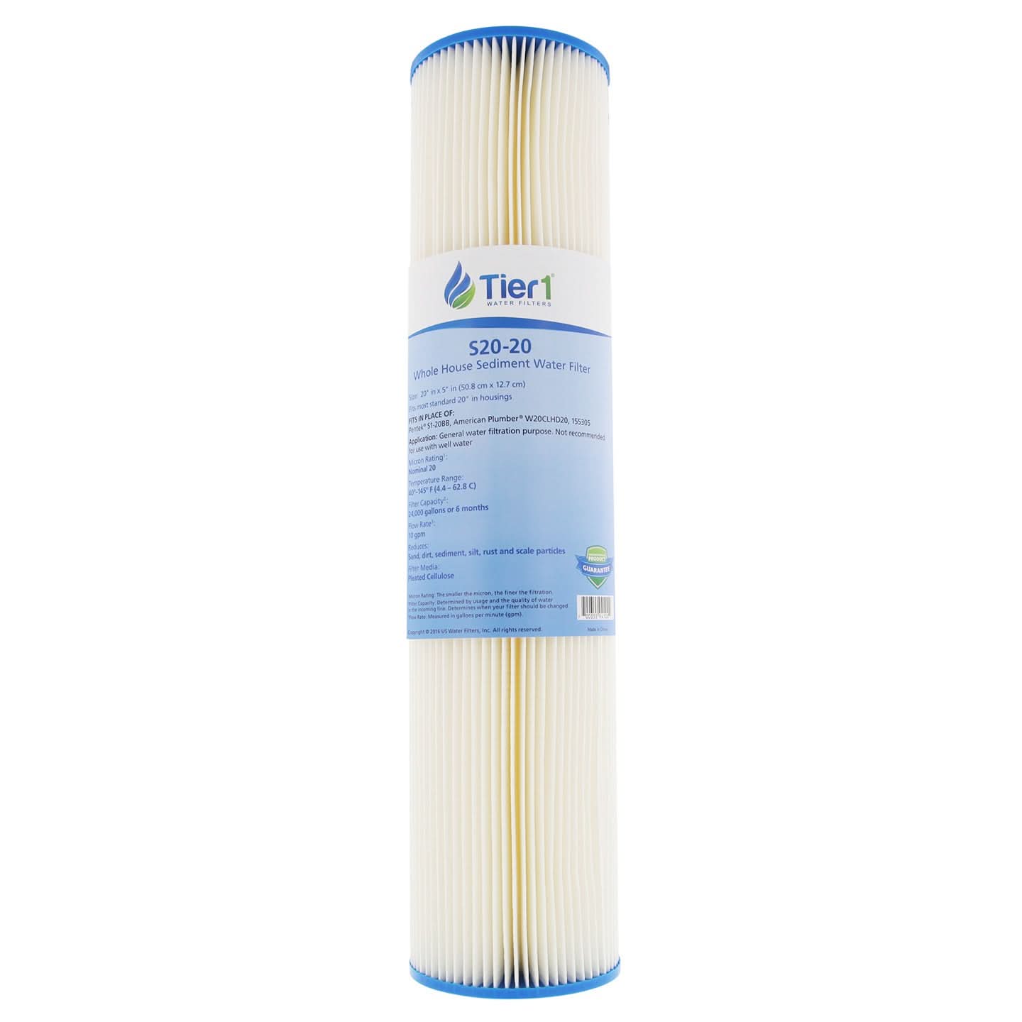 Tier1 20" x 4.5" Pleated Cellulose Filter, 20 Micron