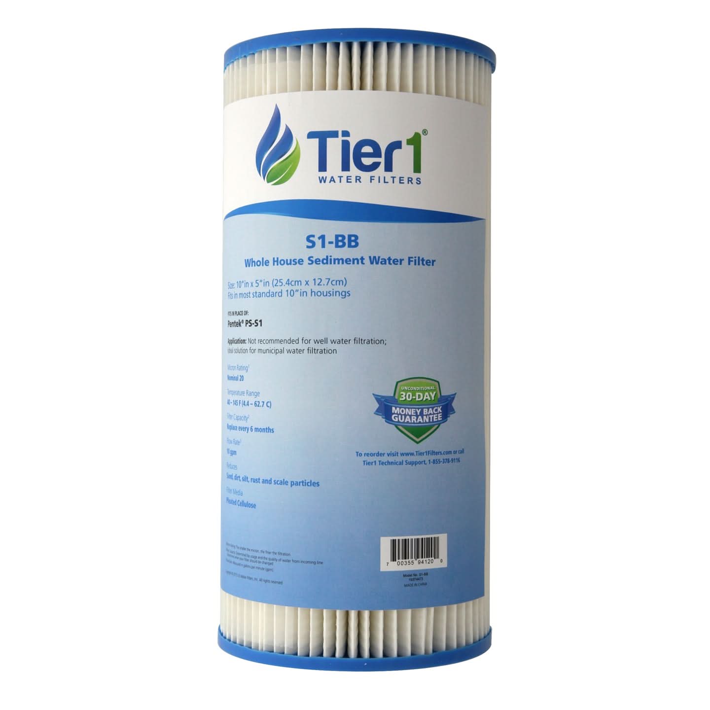 Tier1 10" x 4.5" Pleated Cellulose Water Filter, 20 Micron