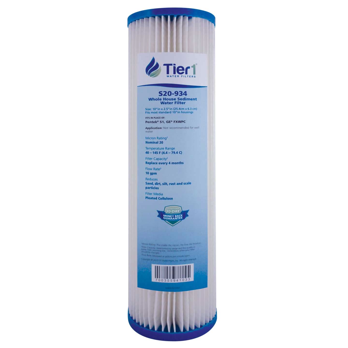 Tier1 10" x 2.5" Pleated Cellulose Sediment Filter, 20 Micron