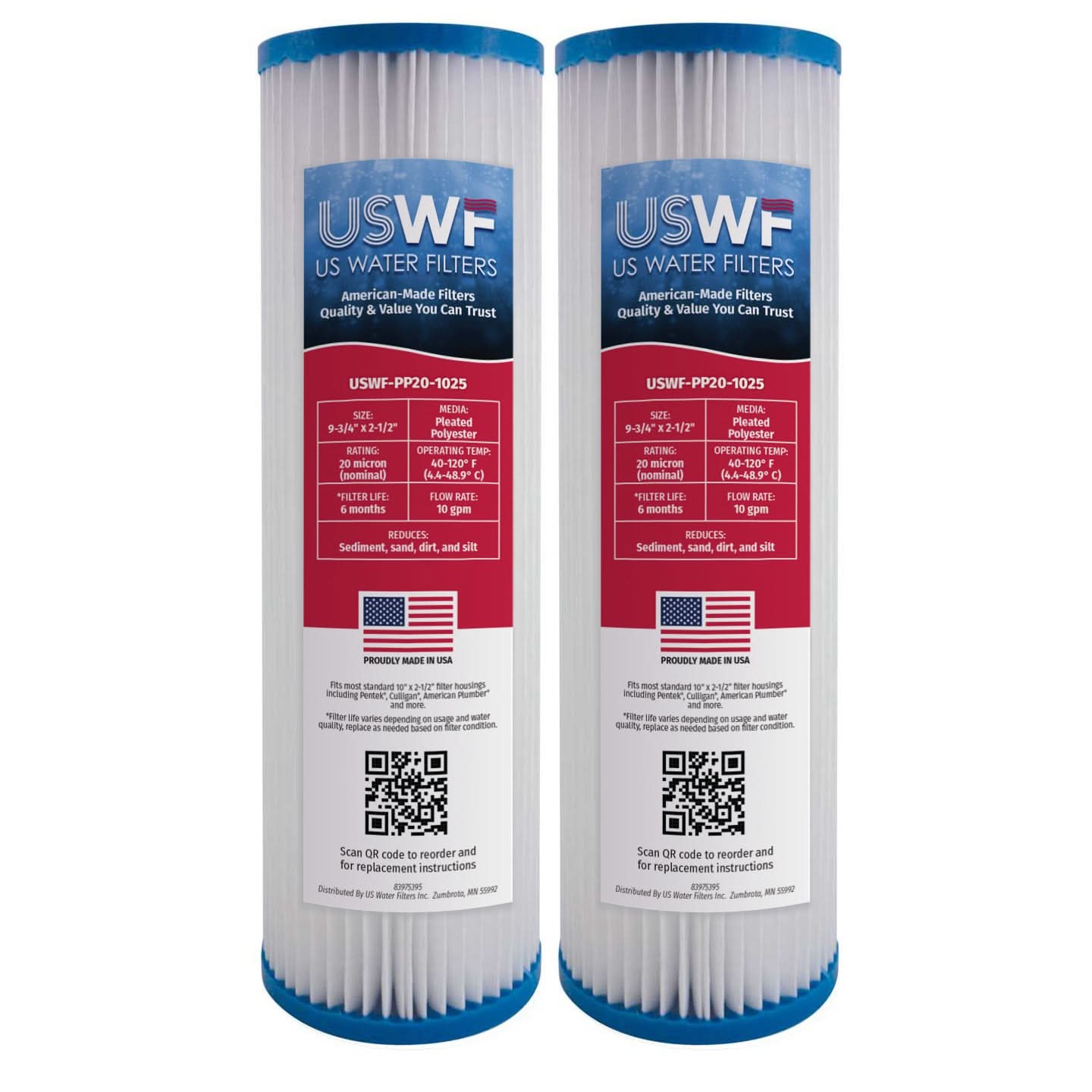 USWF Pleated Polyester Sediment Filter, 20 Micron 10"x2.5"
