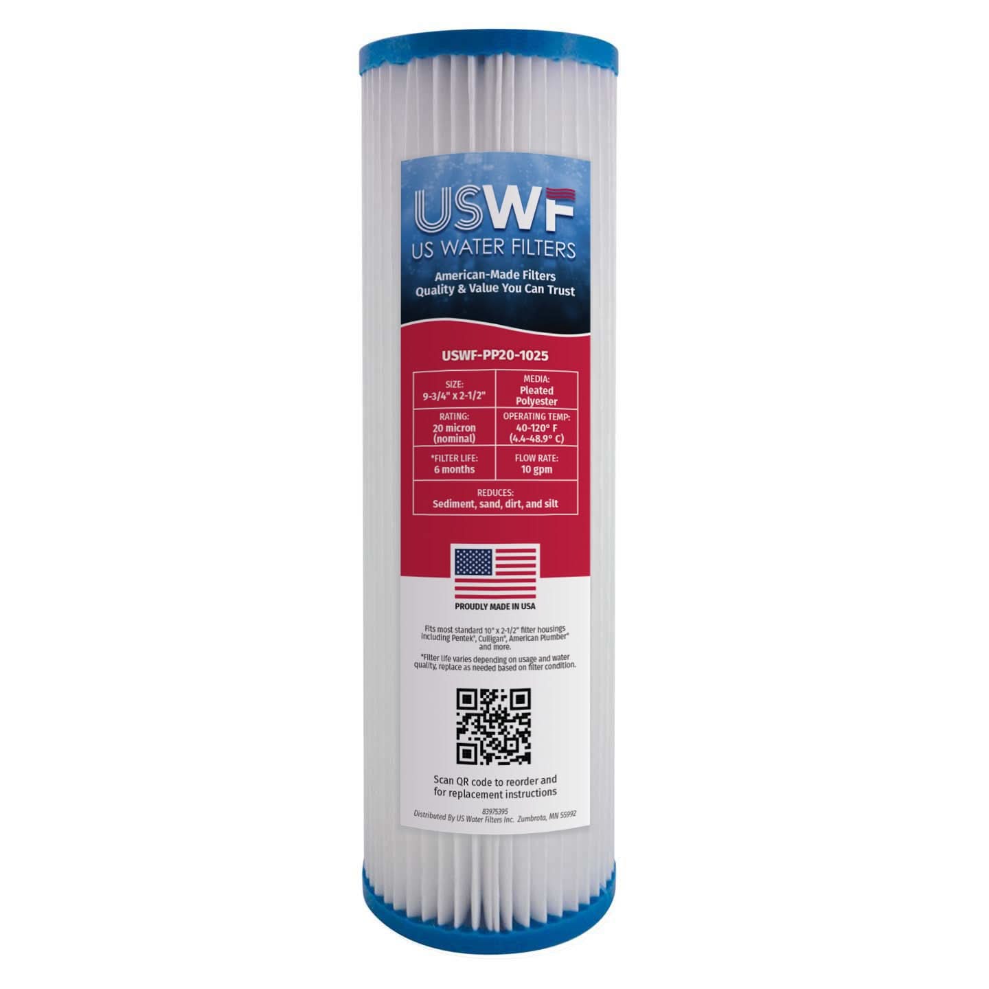 USWF Pleated Polyester Sediment Filter, 20 Micron 10"x2.5"