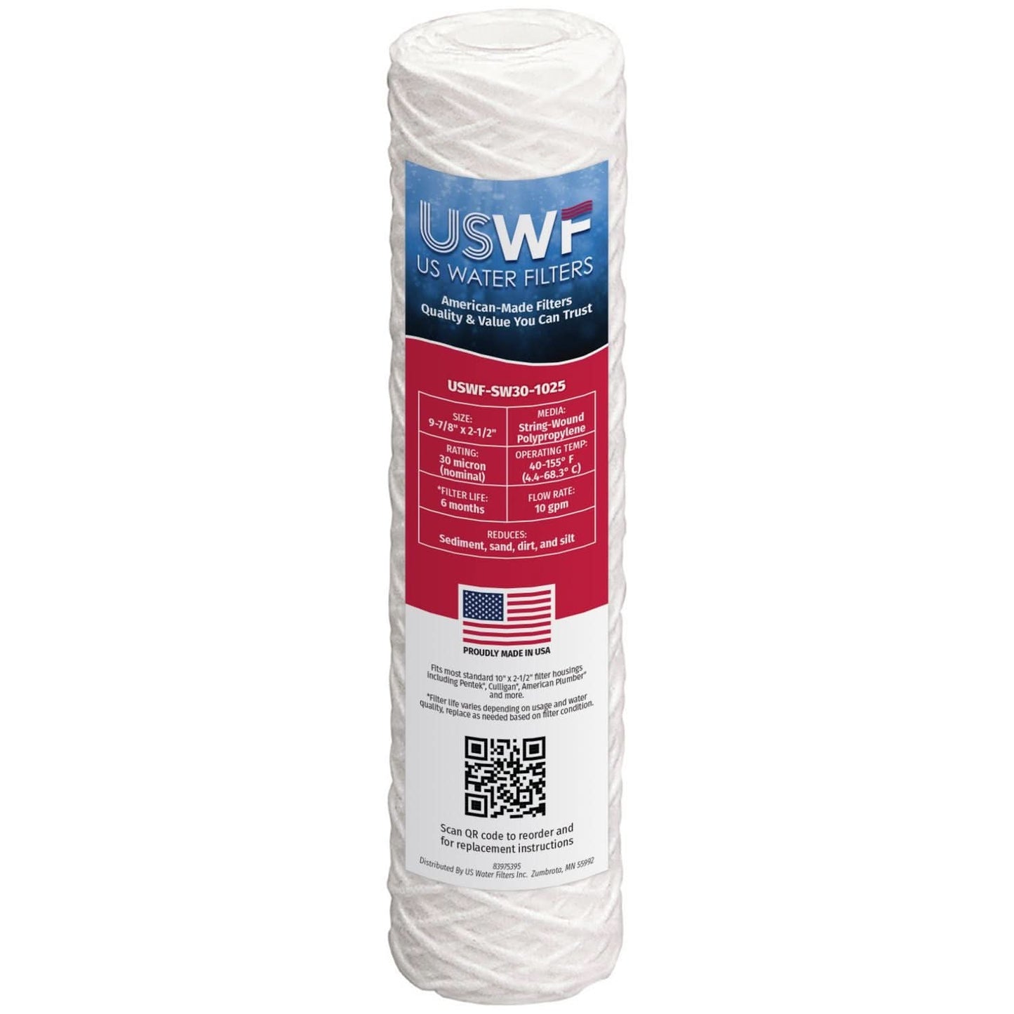 USWF 30 Micron String Wound Sediment Filter, 10"x2.5"